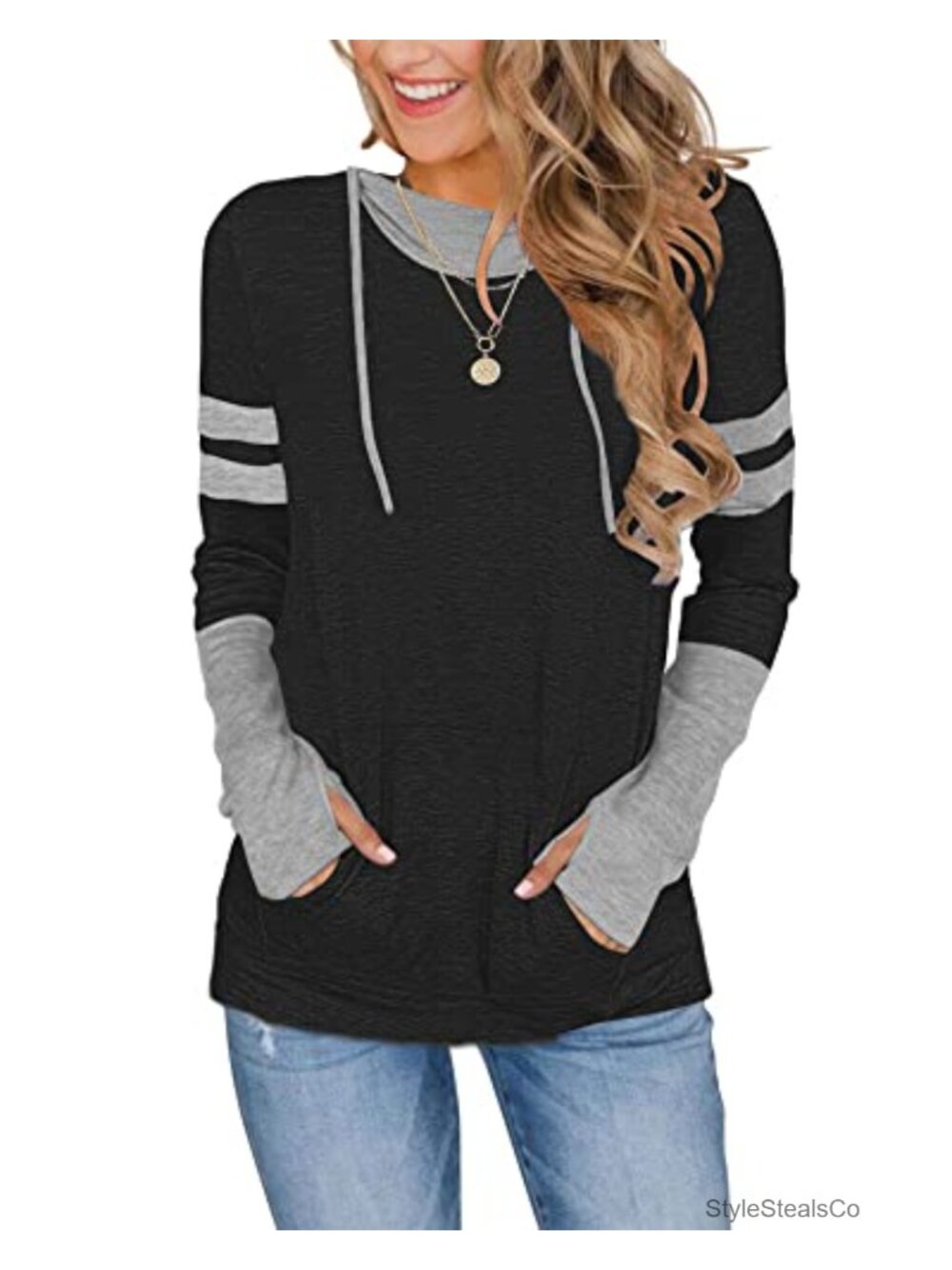 Women's Long Sleeve Drawstring Hoodie Sweatshirt with Thumb Holes